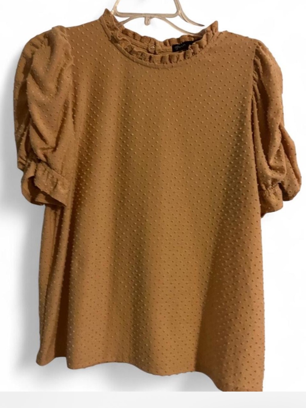 Gibson yellow  Swiss Dot Ruffle Neck Puff Sleeve Blouse